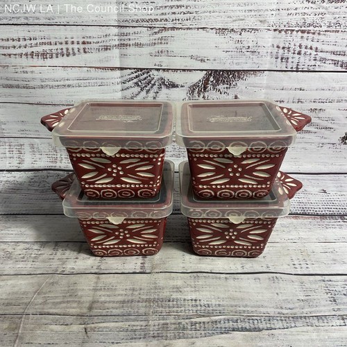 Temptations By Tara Set Of 4 Red Carved Old World 10 Oz Baker Dishes W/ Lids