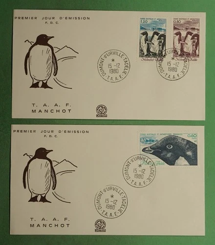DR WHO 1980 FRENCH ANTARCTIC FSAT 2 FDC PENGUIN CACHET COMBO w29821