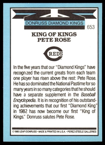 1986 Donruss Diamond Kings Pete Rose Cincinnati Reds #653 - Picture 2 of 2
