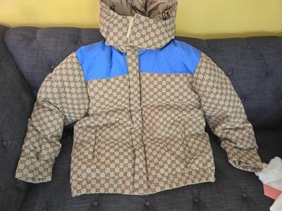 Gucci GG Monogram Hooded Down Puffer Jacket Beige/Blue Zip Men's M