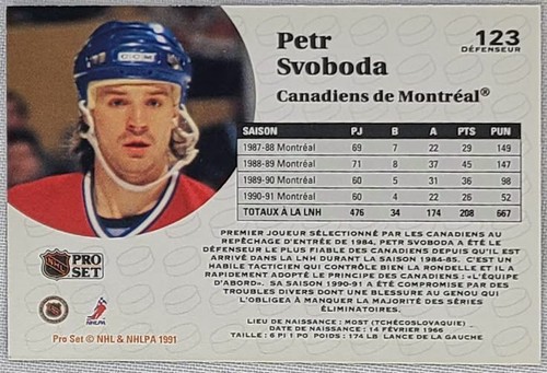 1991-92 Pro Set Hockey French #123 Petr Svoboda Montreal Canadiens - Picture 2 of 4