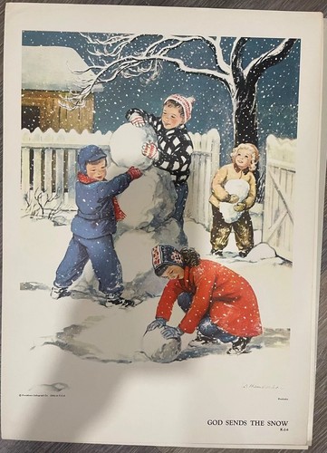 Vintage religiöse Vorsehung Lithographie Druck 1950er 16"x10" "Gott schickt uns Schnee"
