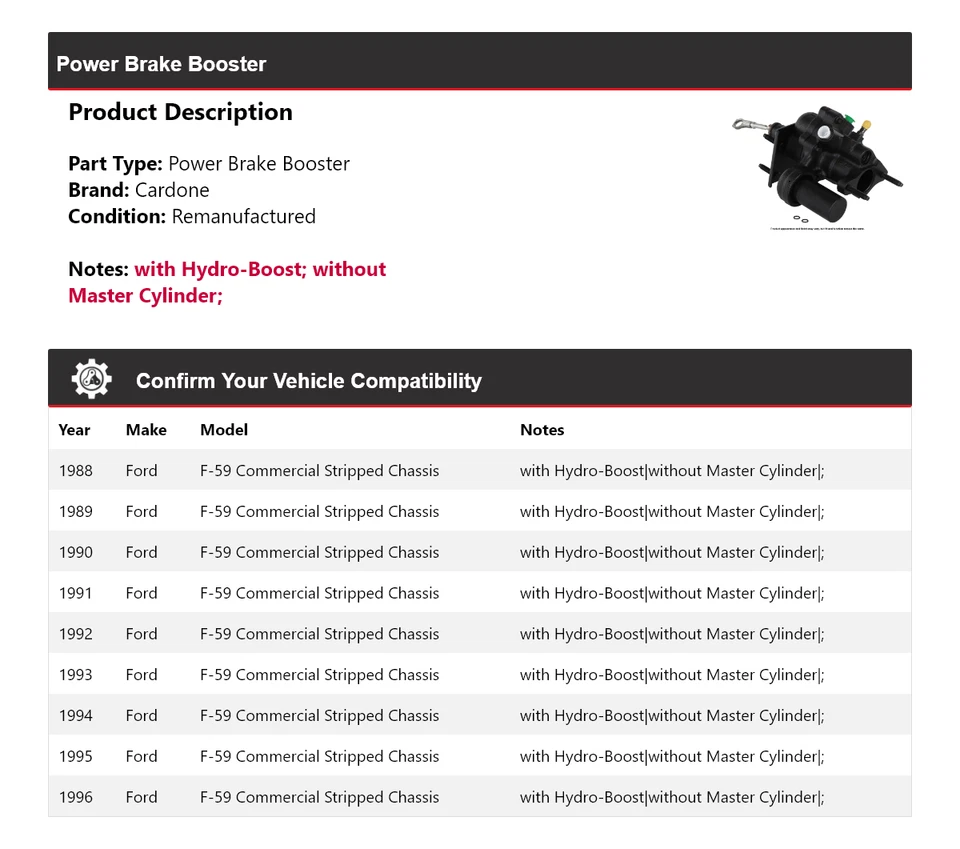 For 1988-1996 Ford F-59 Commercial Stripped Chassis Power Brake Booster Cardone - Image 2 of 4