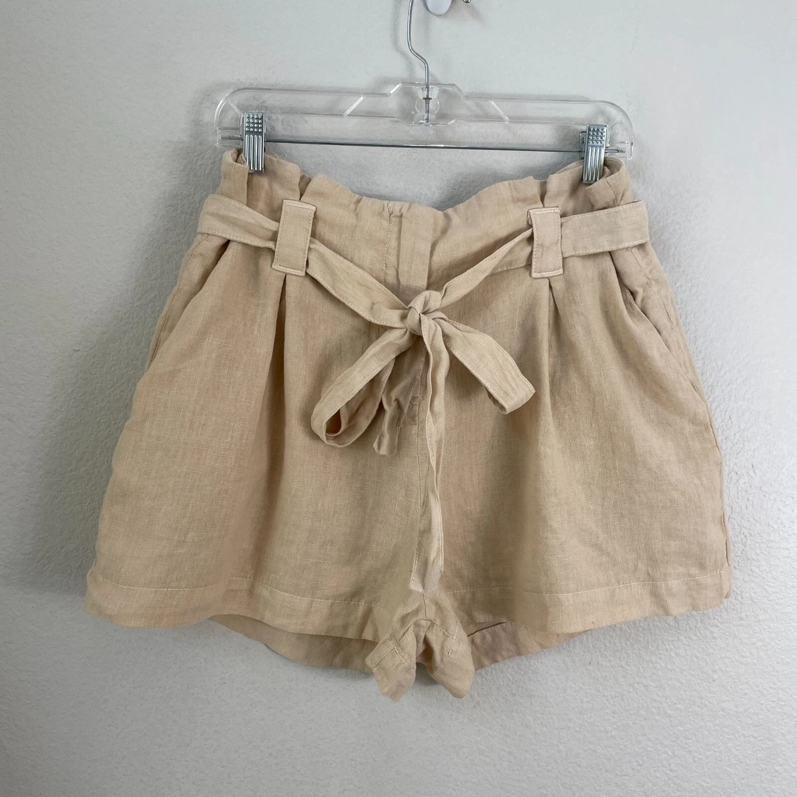 NEW L'agence Womens Size 28 Tan 100% Linen Paper Waist Belted Shorts