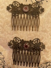  2 Violet crystal flower Vintage Bronze Victorian Filigree Small Hair Combs