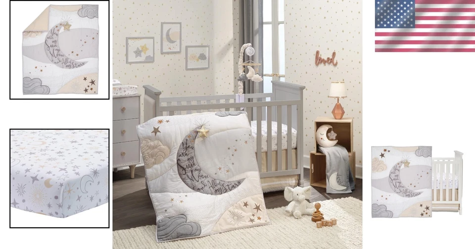 Juego de cama infantil Celestial de 3 piezas: edredón, falda de cuna y sábana - estrellas y lunas Foto 2 de 4