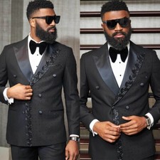Men Black Beaded Suit Peak Lapel Applique Tuxedo Double Breasted Custom Blazer