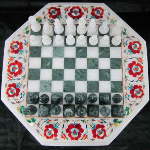 18 Inch Handmade Marble Chess Table with Semi-Precious Pietra Dura Stone
