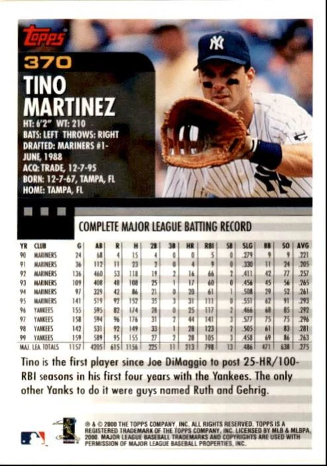 2000 Topps Basbeall Card Tino Martinez New York Yankees #370 - Image 2 of 2