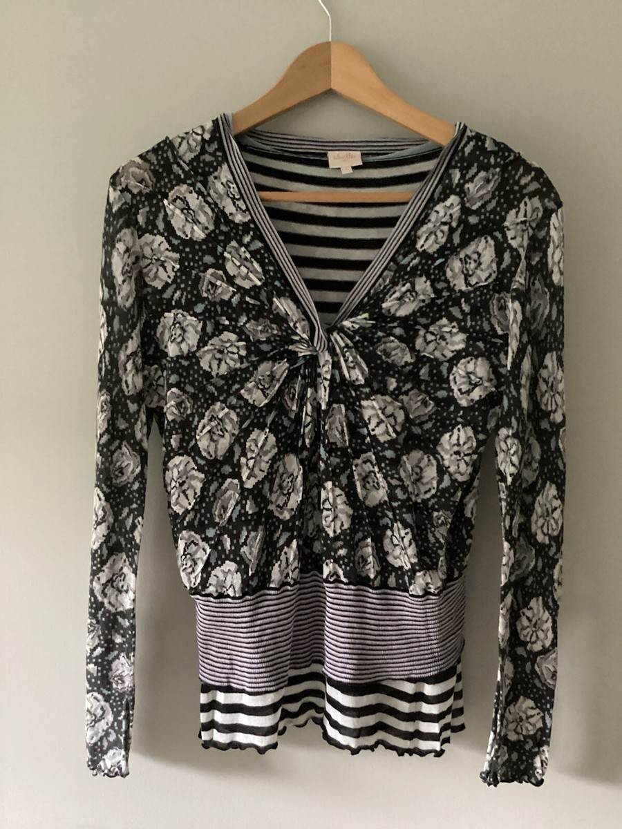 Whistles Fine Cotton Knit Jumper Size Small Floral Stripe Navy White Pale  Blue