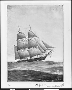 Drawing Of Full-Masted Ship Moving Along The Sea 1900-1910 California Old Photo