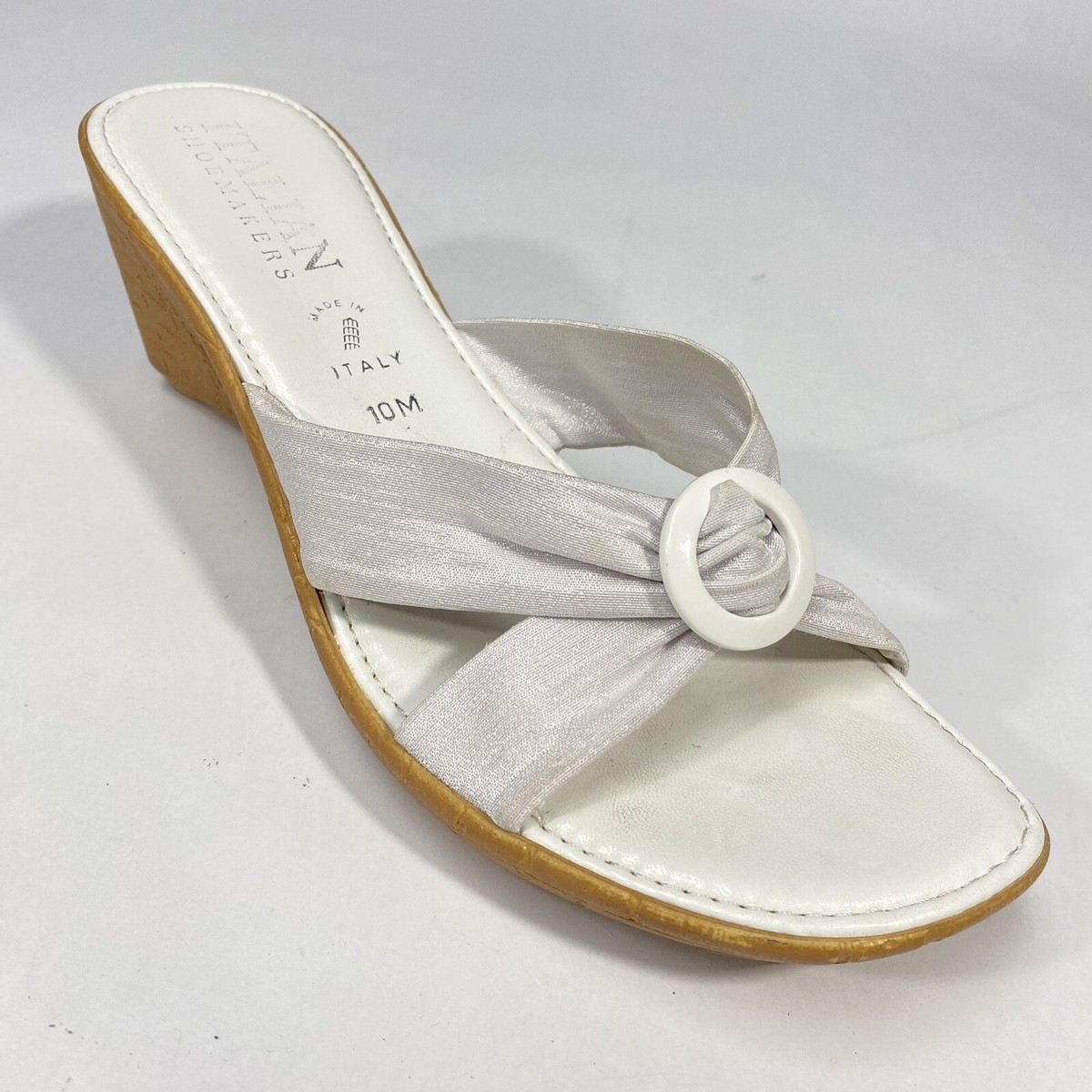 Italian Shoemakers White Shimmery Cork Wedge Sandals Made in Italy