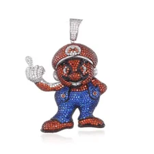 Round Cut Multi Color 14K White Gold Over Super Mario Middle Finger Pendant 2.5"