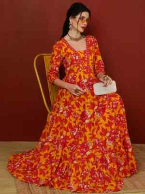 Indian Damen Mehrfarbig Baumwolle Anarkali Flared Kurta Neu Kleid Top Tunika