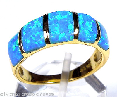 Blue Fire Opal Inlay 18kt Yellow Gold Plated Over Sterling Silver Band Ring 6
