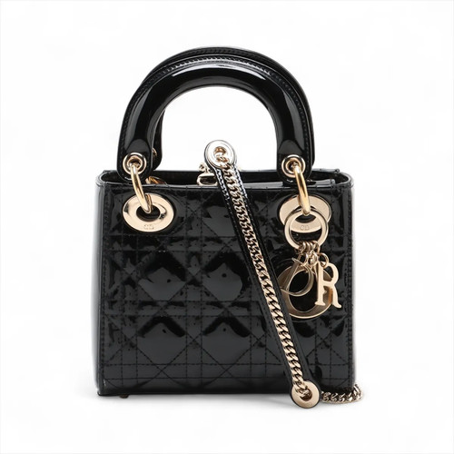 Christian Dior Cannage Lady Dior Mini Patent Leather 2 Way Handbag Black