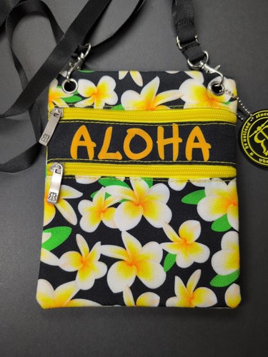 Robin Ruth Island Style Passport Bag ALOHA Plumeria Print Zip Pockets - Picture 2 of 7