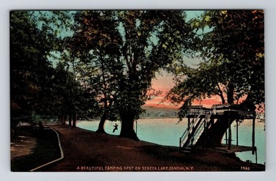 Geneva NY-New York, Camping Spot on Seneca Lake Vintage Souvenir Postcard