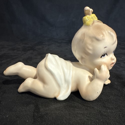 Vintage 1960 Napco Piano Baby Porzellan Figur #IC4909L krabbelnde gelbe Schleife Rarität - Bild 2 von 17