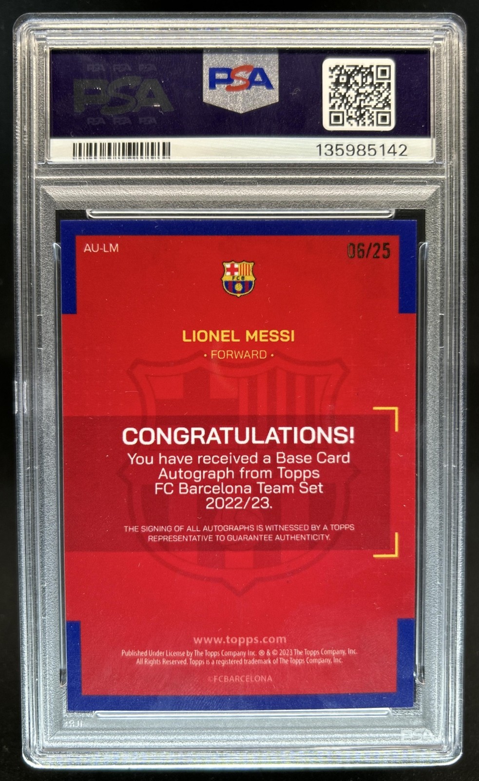 2022 Topps FC Barcelona Team Lionel Messi Auto Orange Foil #/25 PSA 9 Auto 10 view 2