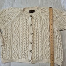 VTG Eddie Bauer Cream Cotton Cable Knit Cardigan Sweater L Minor Stain