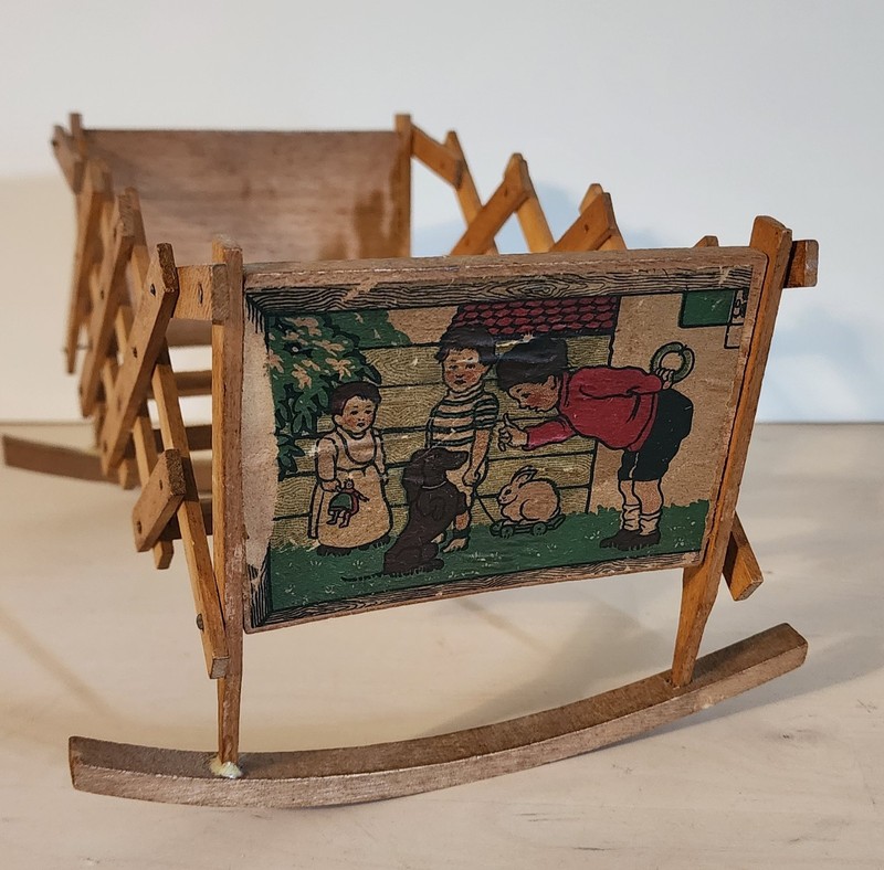 Antique Folding Accordian Style Wooden Rocking Doll Bed Cradle