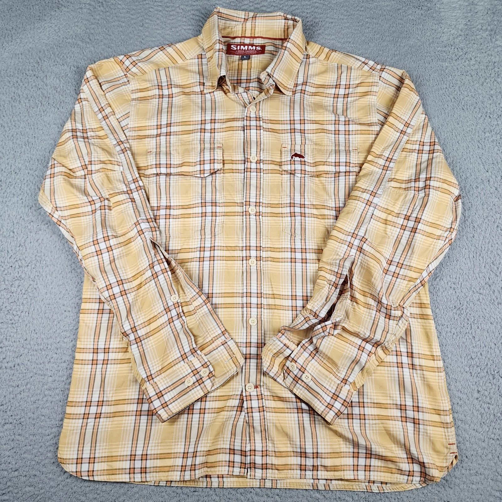 Simms Shirt Mens Large Orange Plaid Button Up Long Sleeve Fishing Hiking