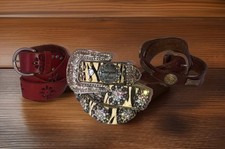 Lot Of 3 Vintage Leather Belts Rhinestone / Hide, Cutout, Tooled Size 36-37 Inch