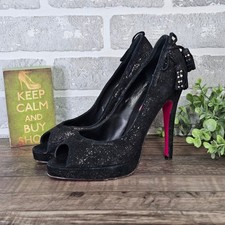 Betsey Johnson Black Glitter Peep Toe Heels Pink Sole Tassel Pumps Women 7