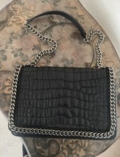 Zara Womens Bag Black Leather Croc City Chain Shoulder Bag Flap
