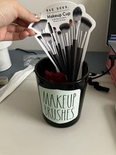 RAE DUNN MAKEUP CUP LARGE  MAKEUP BRUSHES  HOLDER ORGANIZER BLACK GLASS