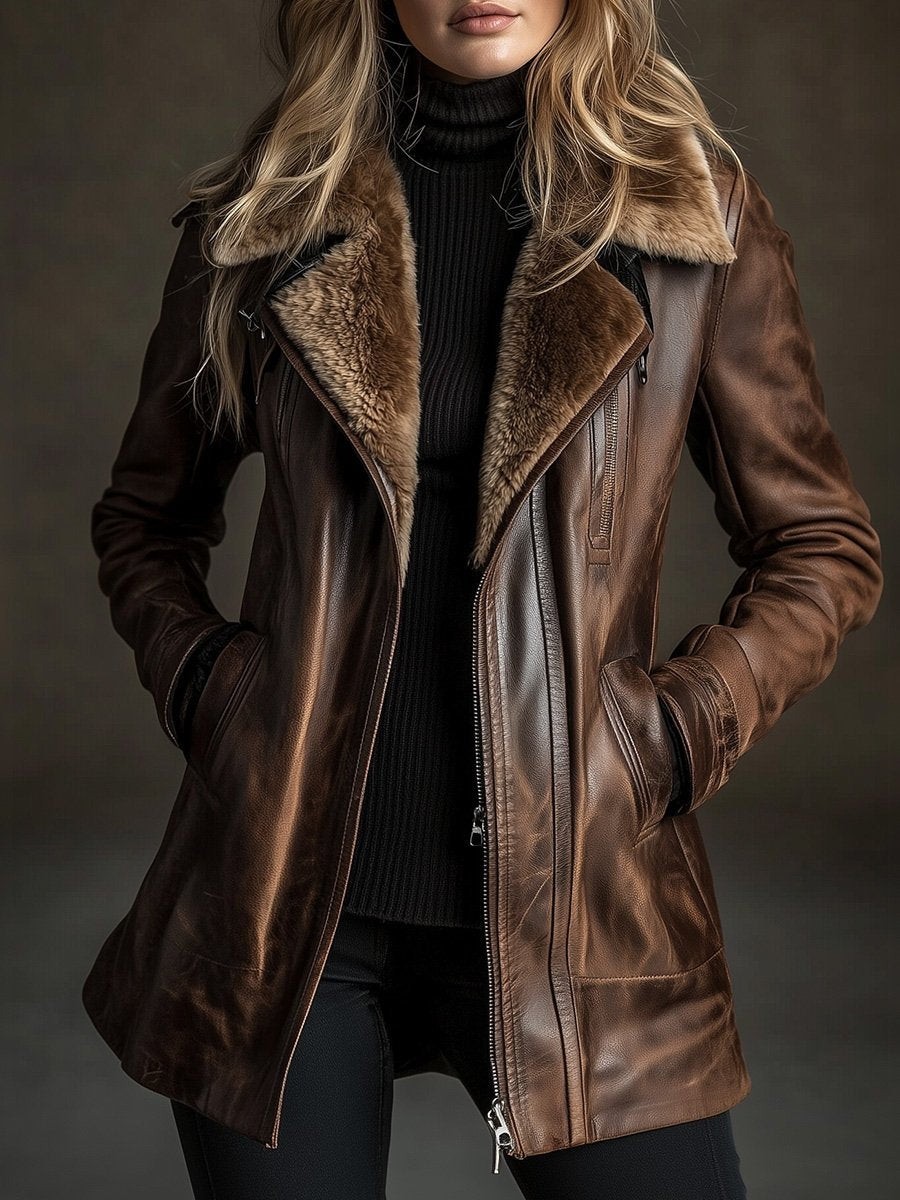Women’s Brown Shearling Leather Jacket  Real Sheepskin Fur Lined Winter Coat