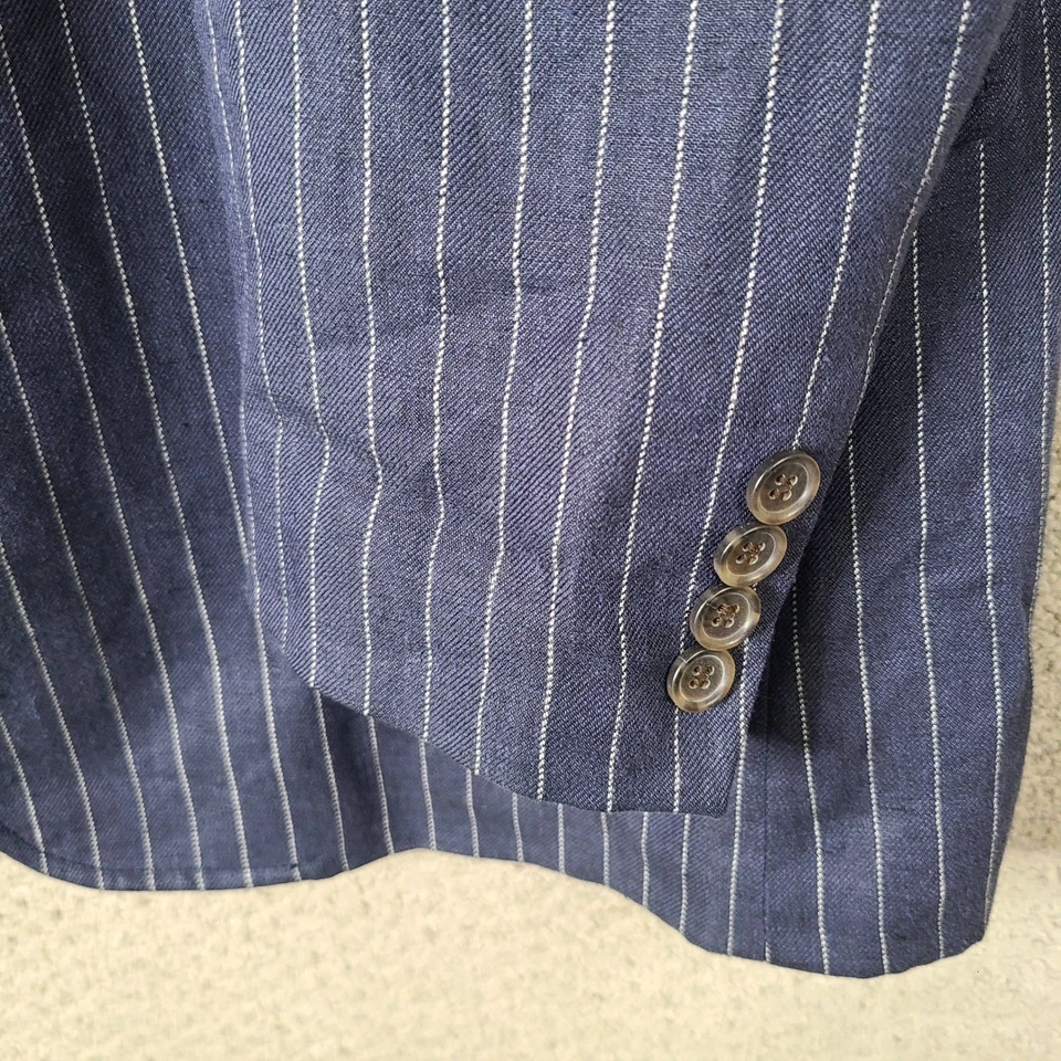 Chaqueta Blazer Vintage J Crew Hombre 42R Azul Blanco Rayas 100% Lino Abrigo 3 Botones Foto 3 de 4