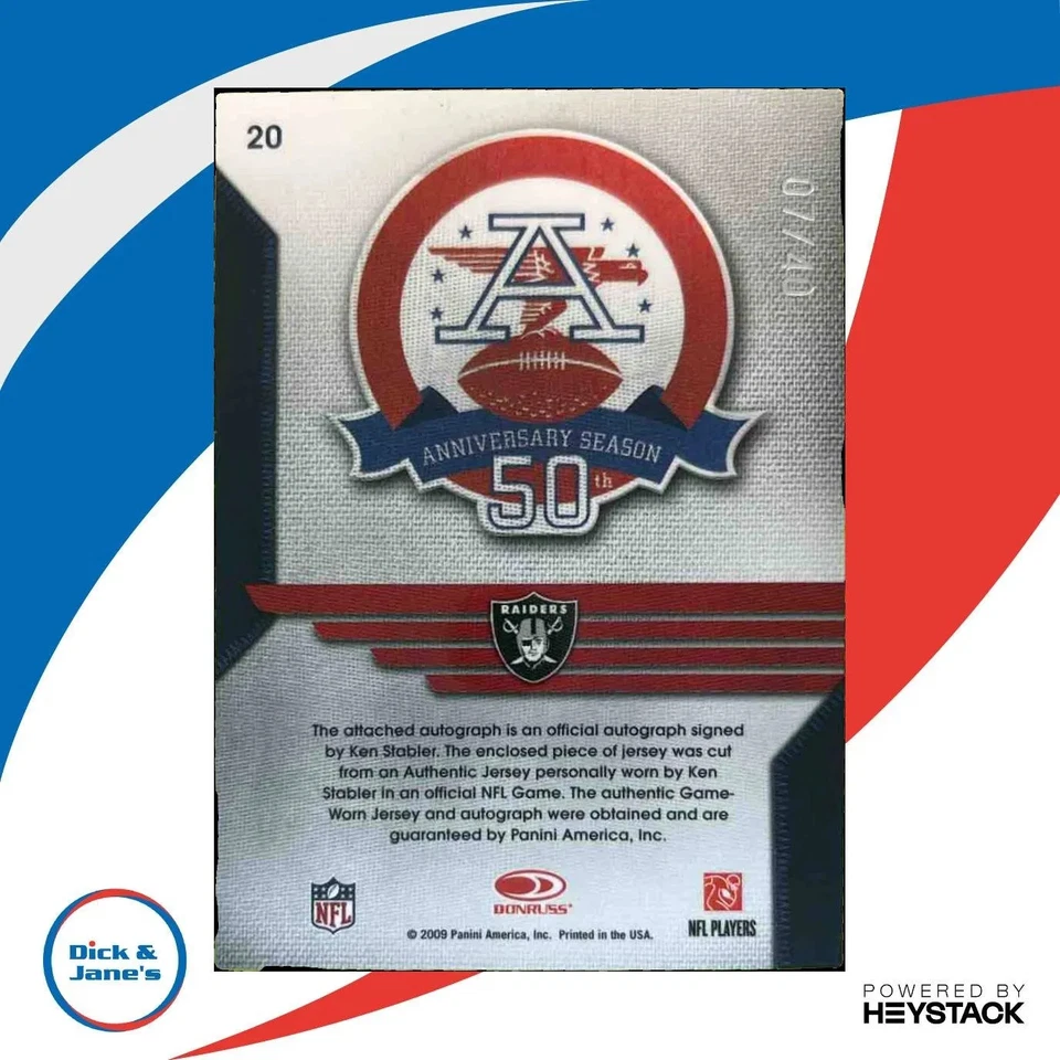2009 Playoff National Treasures Ken Stabler Signature Materials /40 #20 Raiders - Image 2 of 4