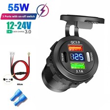 12V Dual USB Charger Socket LED Voltage Voltmeter Rocker Switch Panel Car Boat