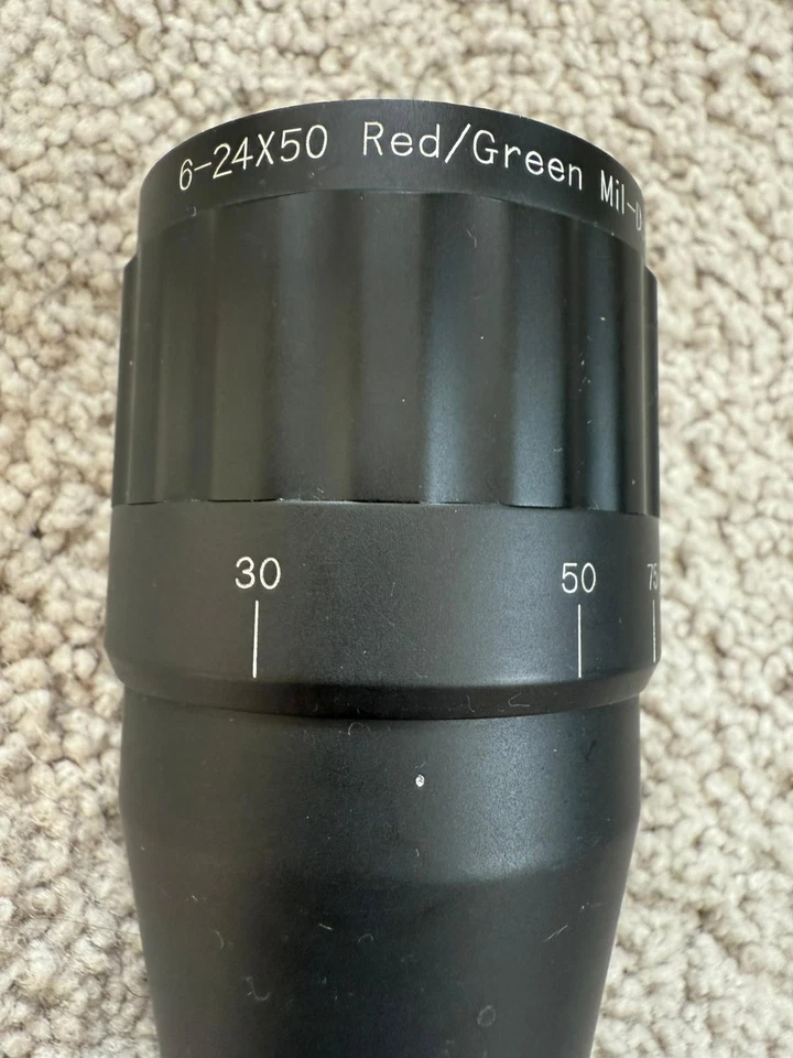 Mira para rifle Leapers 6-25x50 roja/verde Mil-Dot AO **Falta cubierta de perilla EZ TAP** Foto 2 de 4