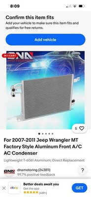 For 2007-2011 Jeep Wrangler MT Factory Style Aluminum Front A/C AC Condenser