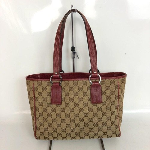 GUCCI GG Canvas Tote Bag Bordeaux Red Leather Women's Handbag 27cm 19cm