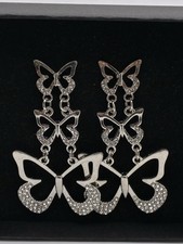 Triple Stacked Butterfly Pierced Earrings Silver Tone Rhinestones 2.5 Inch