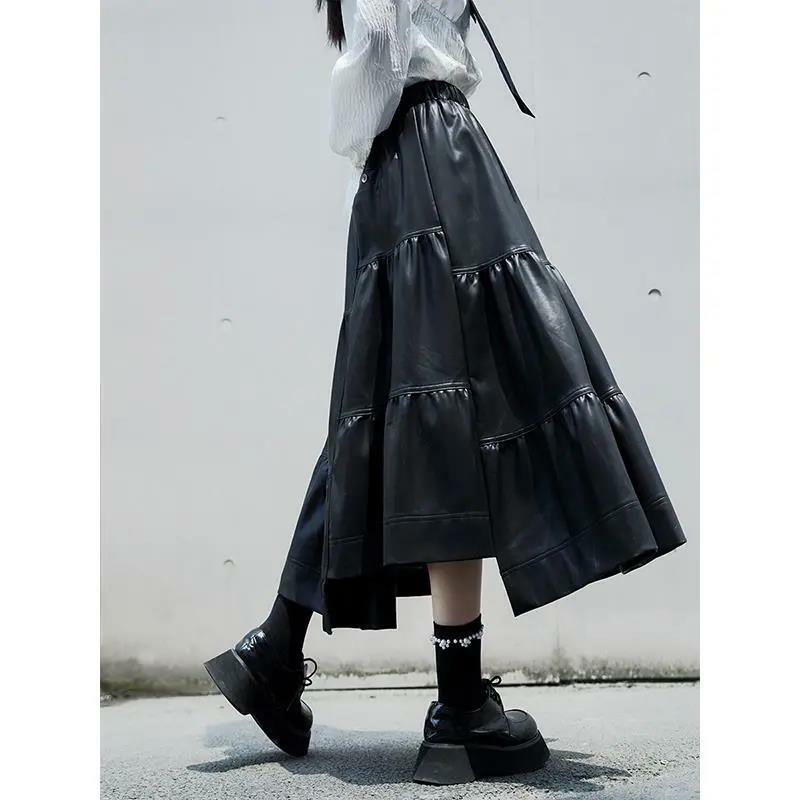 Women Sweet Harajuku Black Irregular High Waist Dress Faux Leather Skirt Korean