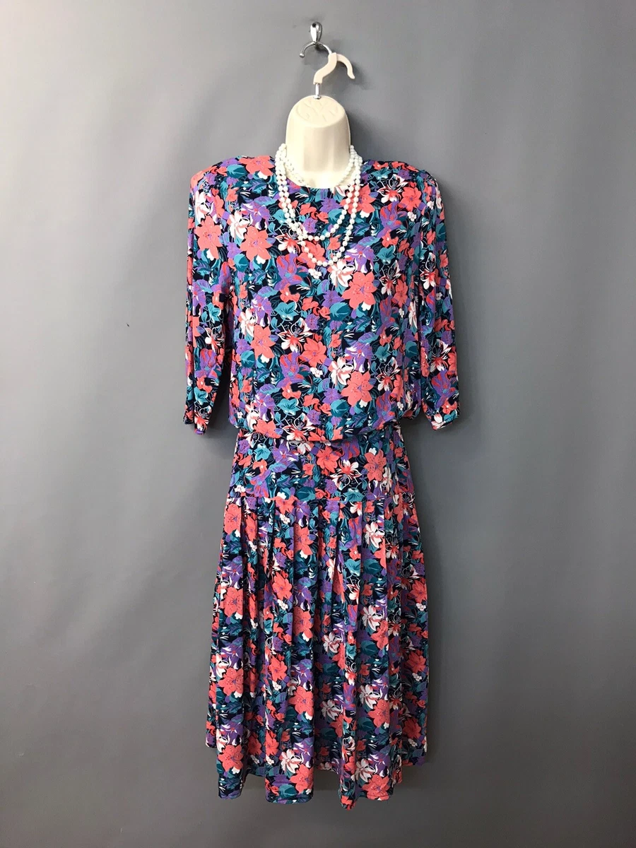 Dorothy Perkins Blue Pink Floral Vintage Tea Dress UK 12 EUR 38 US