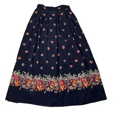 Vintage Herman Geist Navy Blue Long Skirt Floral Border Pink Red Flowers