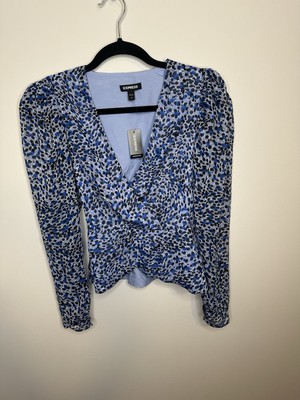 Woman s Long Sleeve Express Leopard Blue Peplum Blouse Faux Wrap NWT Xsmall