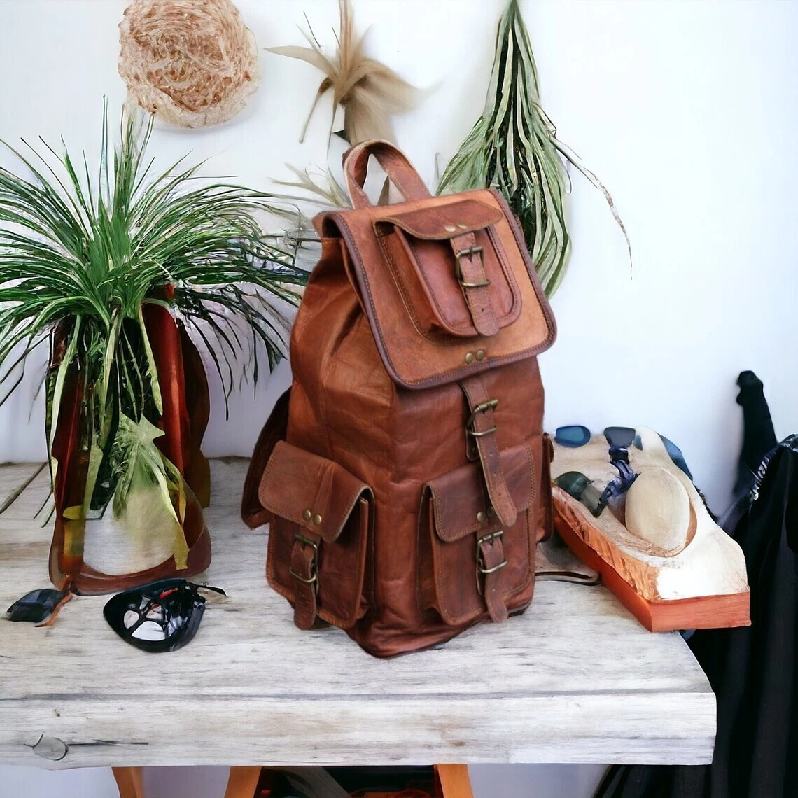 21" French Leather Back Pack Rucksack Travel Bag For Men's and Women