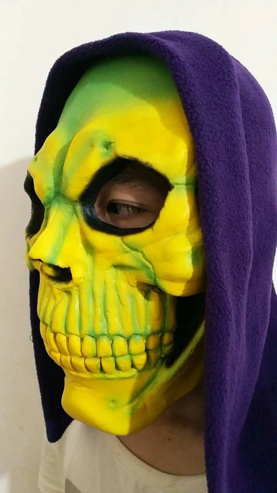 Neon Yellow & Green Skull Mask With Hood Skeletor Skeleton Halloween Fancy Dress - Image 3 of 4