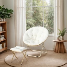 Folding Comfy Cozy Saucer Accent Chair Soft Faux Fur Lounge Lazy Moon Seat+Stool