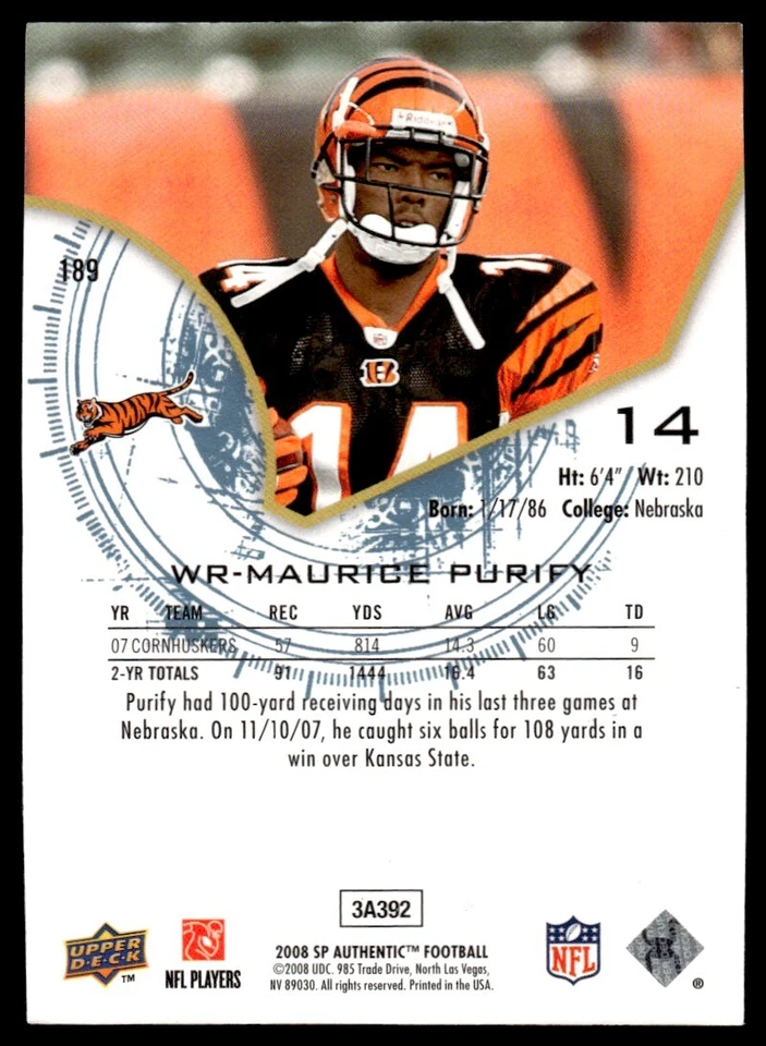 2008 SP Authentic MAURICE PURIFY Rookie /999 #189 R28 - Image 2 of 2