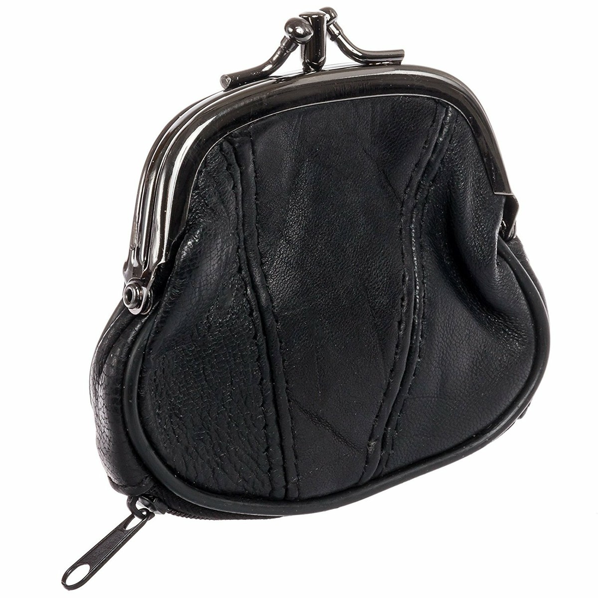 Marshal Womens Leather Kiss Lock Coin Purse (Black)