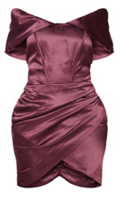 Pretty Little Thing SHAPE PLUM RUCHED CORSET DETAIL BARDOT BODYCON DRESS UK 12