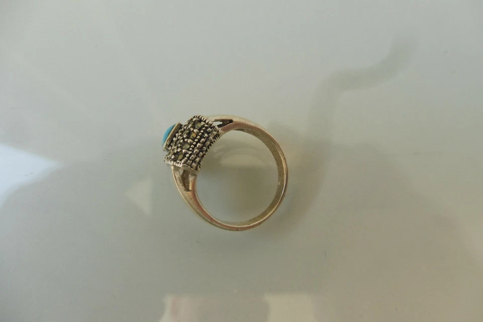 Bel Vecchio Anello In Argento, Argento 925 Con Turchese E Marcasite - Immagine 3 di 4